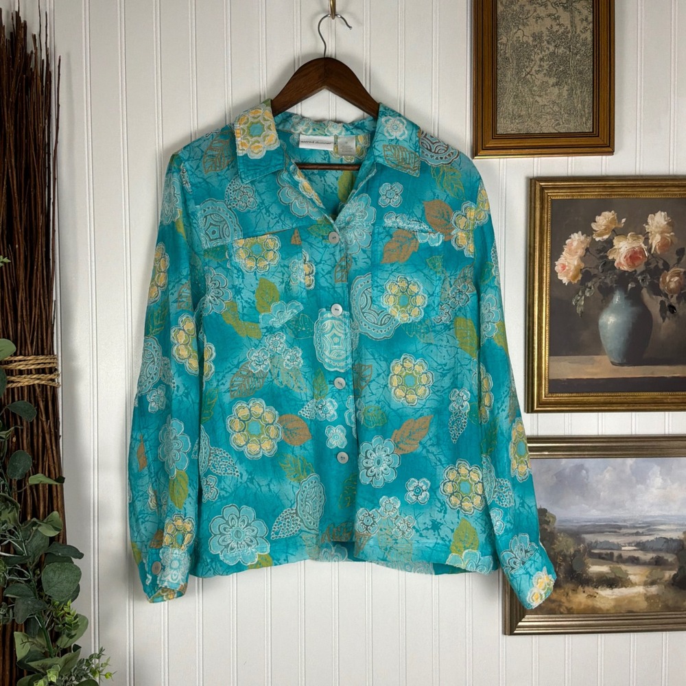 Alfred Dunner Button Up Shirt Womens 10 Teal Excellent Floral Long Sleeve
